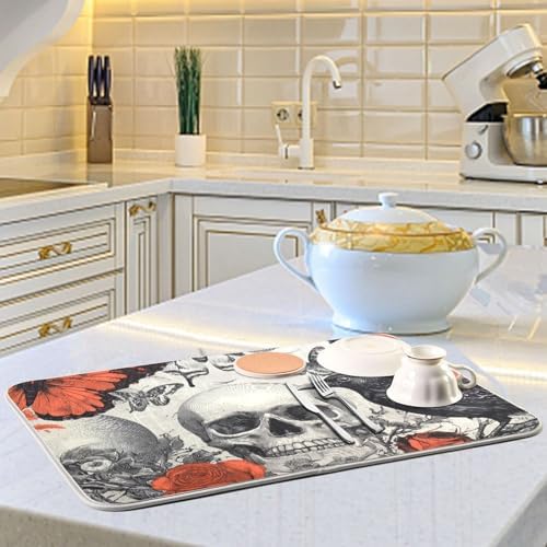 OTVEE Dark Art Of Skull Dish Drying Mat for Kitchen Counter Absorbent