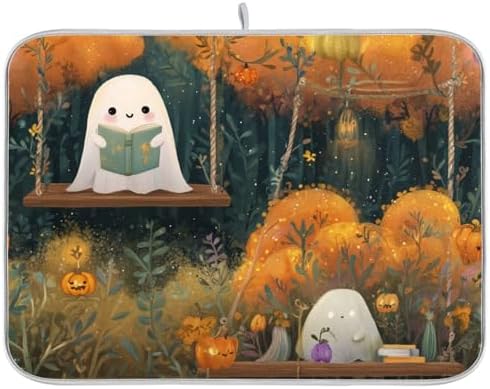 OTVEE Friendly Ghost Autumn Reading Dish Drying Mat for Kitchen