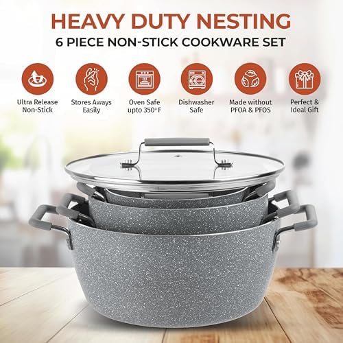Granitestone Gray Pots and Pans Set Nonstick, 6 Stackable Piece