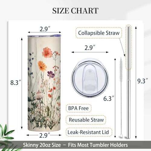 Firmiso Wildflower Tumbler 20oz, Floral Skinny Cup with Lid and Straw