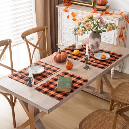 AQOTHES Fall Plaid Placemats Set of 4 Orange Black Checked Table Mats