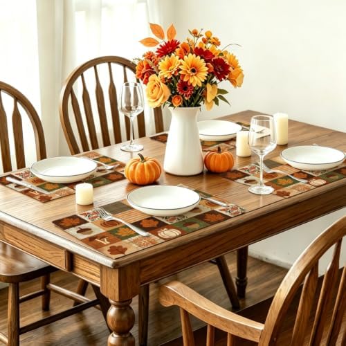 RABUSOFA Plaid Pumpkin Maple Leaves Fall Placemats Set of 4