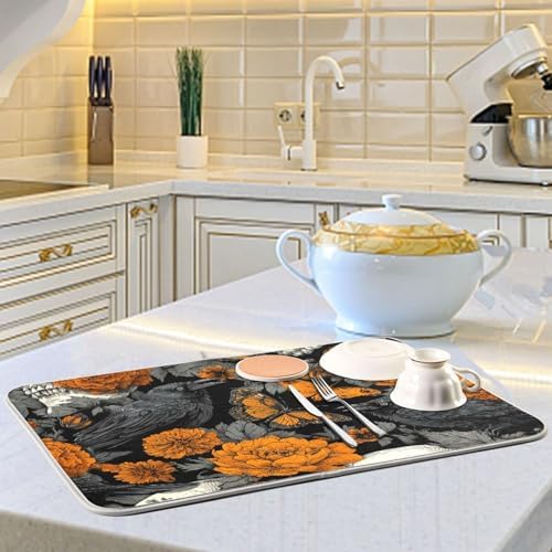 OTVEE Dark Floral Skull Dish Drying Mat for Kitchen Counter Absorbent