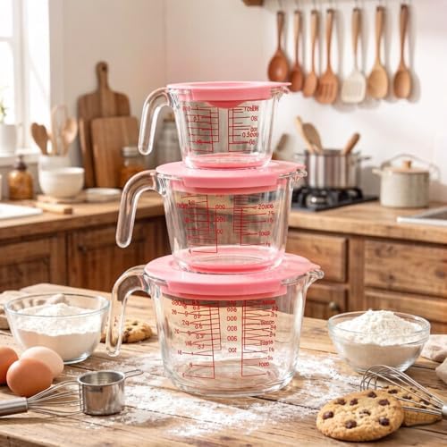 6 Pcs Glass Measuring Cups with Lids Set, 1-Cup, 2-Cup, 4-Cup
