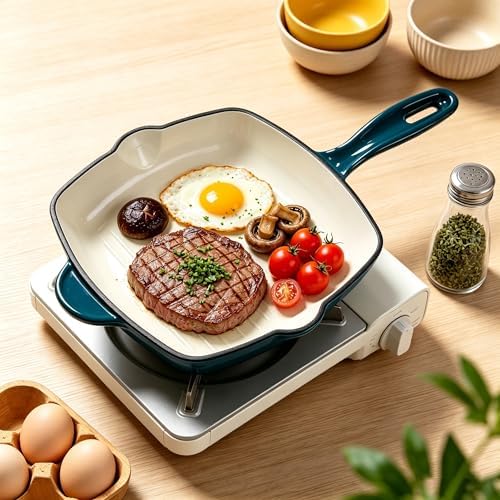 Enameled Cast Iron Steak Grill Pan, Square Skillet with Drip Spout, Oven-Safe & Stovetop Safe (Peacock Blue, 9.5 inch)