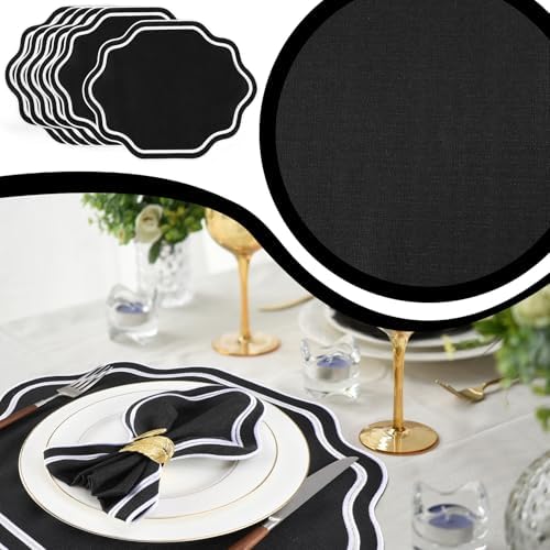 Breling 6 Pcs Cotton Placemats Cotton, Scalloped Edge Black, White