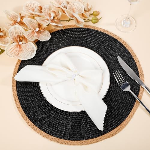 Round Weave Placemats Set of 6, Black with Beige Woven Edge, 15 Inch