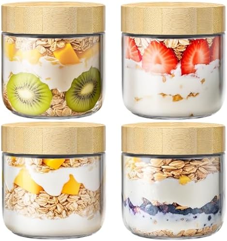 4-Pack 10 oz Glass Overnight Oats Containers with Bamboo Lids