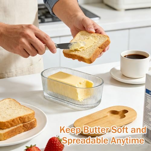 Glass Butter Dish With Lid For Countertop, Ribbed Glass Butter Dish