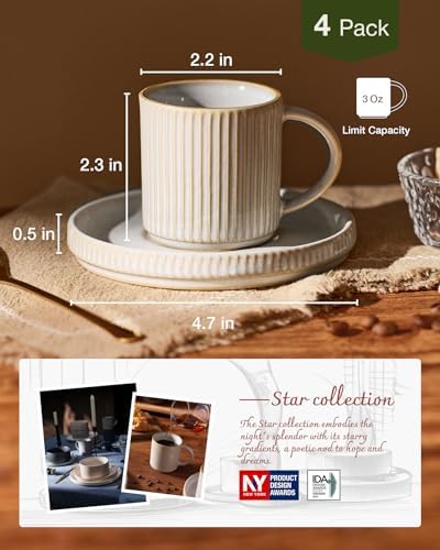 famiware 3oz Espresso Cups and Saucers, Set of 4, Cappuccino White