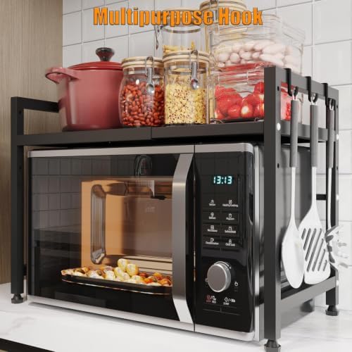 Extendable Microwave Oven Stand, 2-Tier Organizer with 6 Hooks