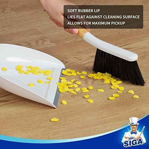 MR.SIGA Dustpan and Brush Set, Bamboo Handle, White
