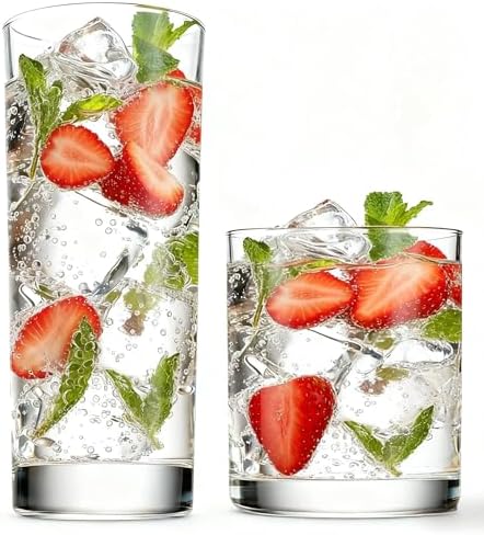 Everyday Drinking Glasses Set of 8, 14oz Tall Glass Cups & 10.5oz