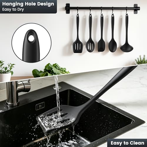 5PCS Silicone Kitchen Utensils Set, Non Stick Cooking Tools, Black
