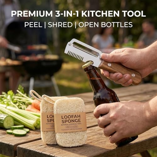 3-in-1 Vegetable Peeler, Julienne Shredder, Classic Dark Wood