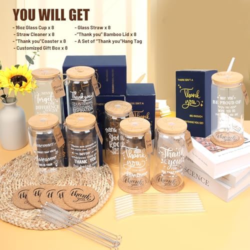 8 Set Employee Appreciation Gifts Glass Cups, 16oz Can Coffee Cups