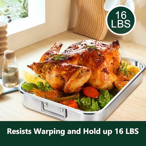 304 Stainless Steel Roasting Oven Pan: Roaster Pans With Rack & Handles 16.5 * 12.4 * 3 inches - Kitchen Baking Appliances for Turkey Chicken Beef - Kitchen Cookware Gifts for Women Homeowner