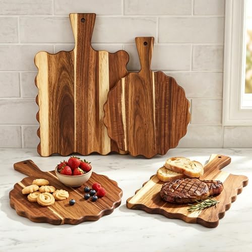 2Pcs Acacia Wood Scalloped Cutting Board with Handle for Kitchen Decor