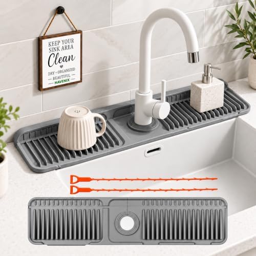 24 Inch Silicone Faucet Mat for Kitchen Sink, 7° Self-Draining Splash