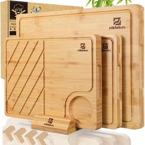 Piklohas Bamboo Cutting Boards Set of 4 for Kitchen with Wood Storage
