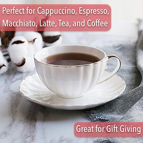 BTaT- Cappuccino Cups with Saucers 7 oz, Set of 6, Golden Trim Design
