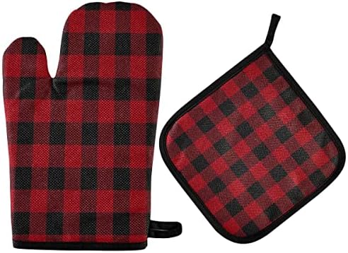 Oven Mitts Quilted Cotton Lining Buffalo Red Plaid Potholders BBQ
