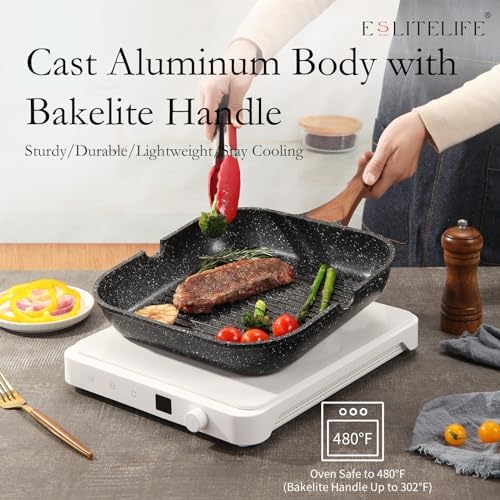 ESLITE LIFE Nonstick Grill Pan with Lid & Tongs for Stove Tops, 9.5 Inch Versatile Square Big Grilling Skillet Steak Pan with Pour Spouts for Indoor & Outdoor Cooking, PTFE & PFOA Free, Black