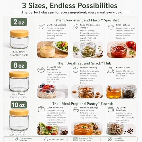 EONJOE 2 oz Glass Dressing Containers With Lids, Sauce Jars for Lunch