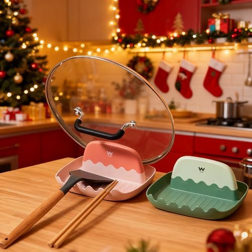 2-Pack Spoon Rest with Lid Holder for Kitchen Countertop (Pink&Green)