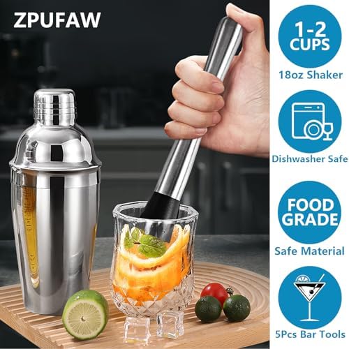 ZPUFAW 5-Piece Cocktail Shaker Set Shaker Strainer Jigger T-Mixing
