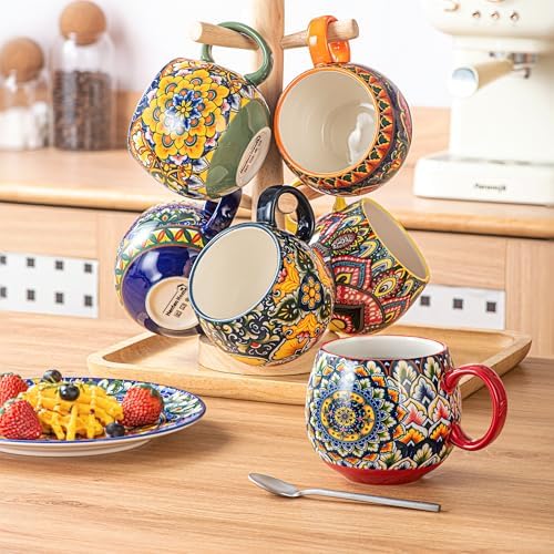 Henten Home Ceramic Coffee Mug Set of 6, 20 oz Colorful Coffee Cup