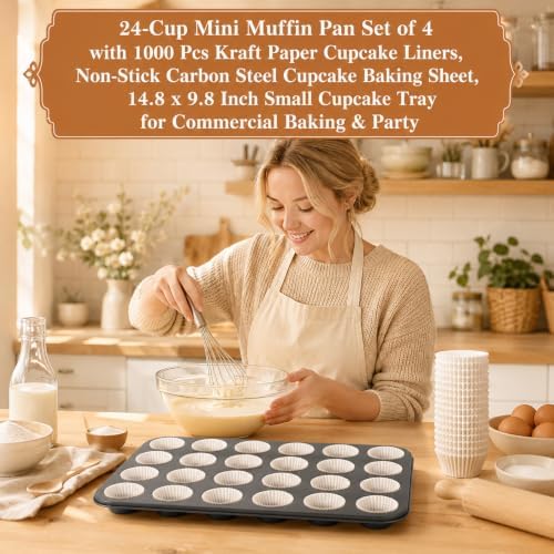 4 Pack Carbon Steel Mini Muffin Pan with 1000 Mini Cupcake Liners