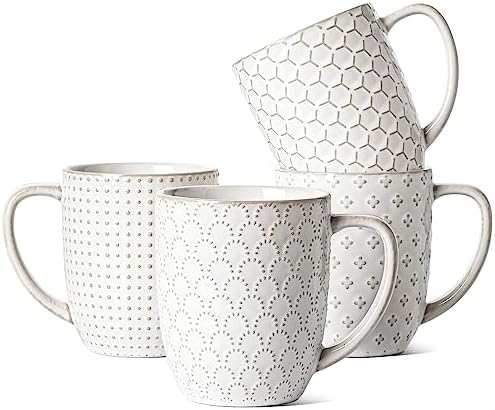 LE TAUCI Ceramic Coffee Mugs Set of 4, 16 oz, Embossed, Arctic White
