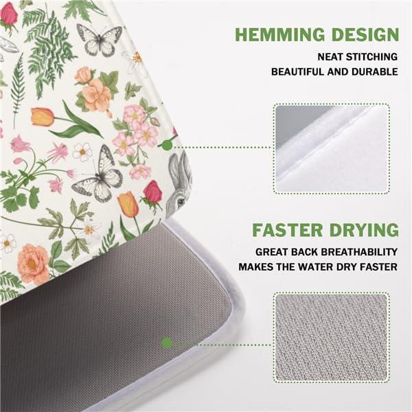 Easter Bunny Dish Drying Mat for Kitchen Counter, Colorful Flowers Sage Green - Image 3