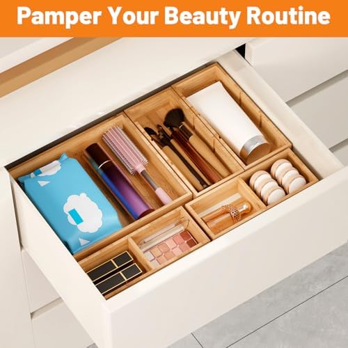 Bamboo Drawer Organizer, 5-Piece Stackable Trays with Removable