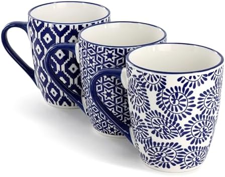 Elama Declan 12 Ounce Assorted Design Stoneware Mug Set in Blue and