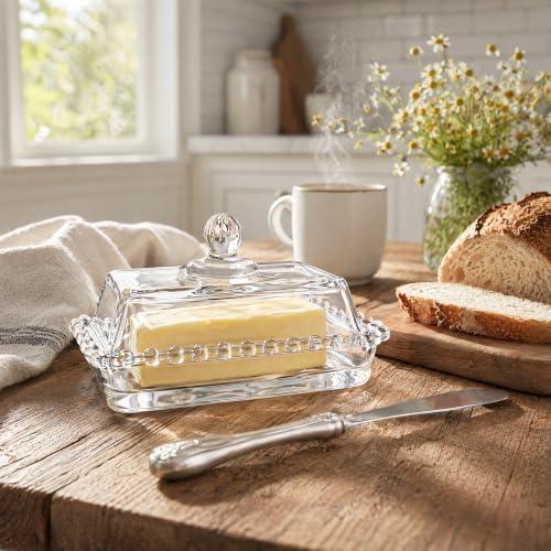 Clear Glass Butter Dish with Handled Lid, 6.5 Inch Classic Butter
