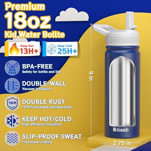 baab 18oz Kids Insulated Water Bottle 18/8 Stainless Steel Straw Cup