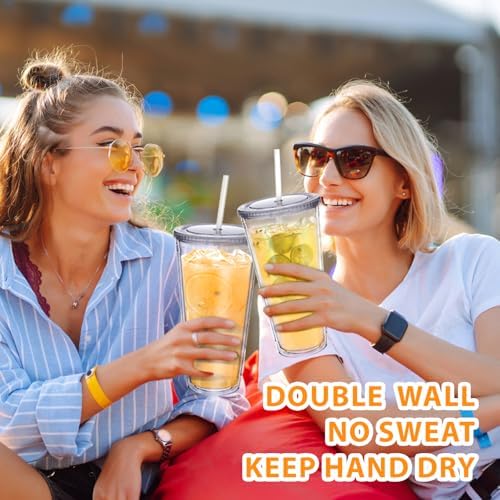 Zukro Clear Double Wall Plastic Tumbler with Lid and Straw 32 oz