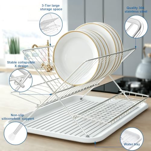 2-Tier Foldable Stainless Steel Dish Drying Rack