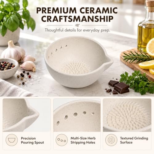 Marble Veins Multi‐Purpose Ceramic Prep Bowl with Herb Stripper Hole