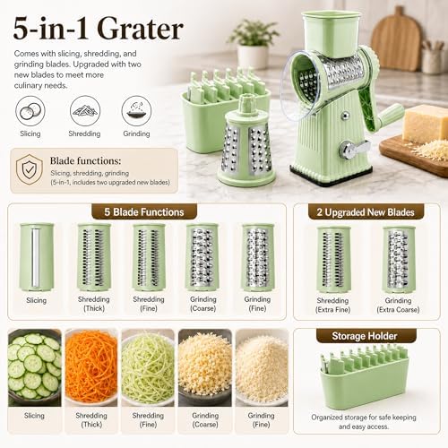 JA&MIU Rotary Cheese Grater with Handle, 5 Blades