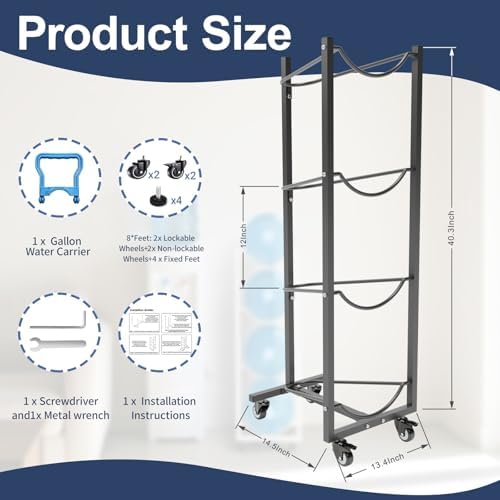 5 Gallon Water Jug Holder with 4 Wheels: 5 Gal Bottle Storage Rack
