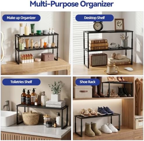 2 Packs Expandable Cabinet Shelf Organizer, Stackable Countertop Shelves
