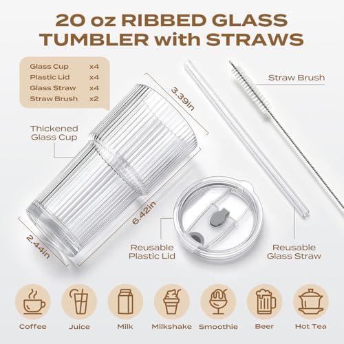Iced Coffee Cups with Lids, 20oz Ribbed Glass Tumbler with Straw and