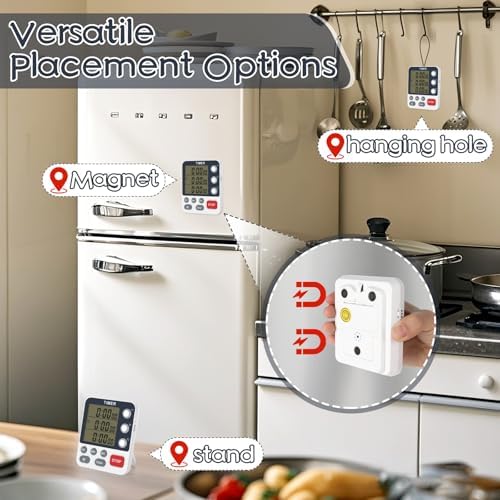 2-Piece Digital 3-Channel Kitchen Timers, Magnetic Countdown