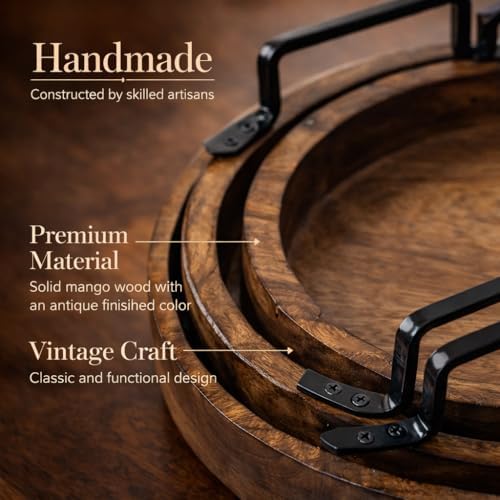 Set of 2 Round Wooden Serving Trays with Handles – Handcrafted Rustic