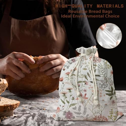 UTELKA Flroal Reusable Linen Bread Bag, Homemade Bread Bag