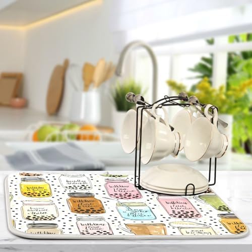 OTVEE Drink Pattern Art Dish Drying Mat for Kitchen Counter Absorbent