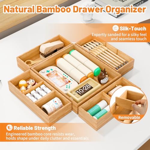Bamboo Drawer Organizer, 5-Piece Stackable Trays with Removable